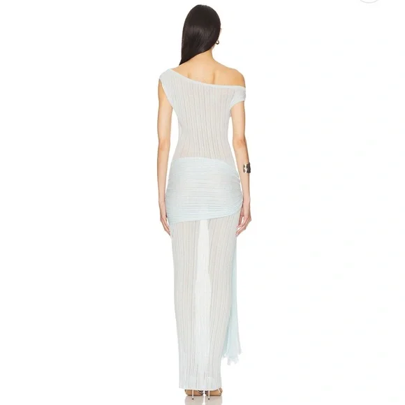 Camila coehlo Callie Sheer Midi Knit Dress in Powder Blue Off-Shoulder Dress